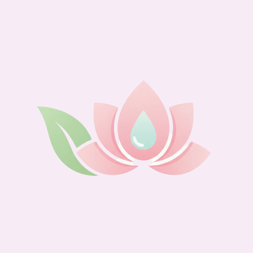 A minimalist pink lotus flower logo with a green leaf on the left and a light blue teardrop in the center, set against a plain white background.